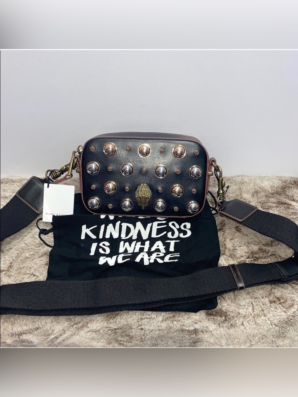 Kurt Geiger “Shoreditch” Black Leather Studded Crossbody With Gold/SilverAccents